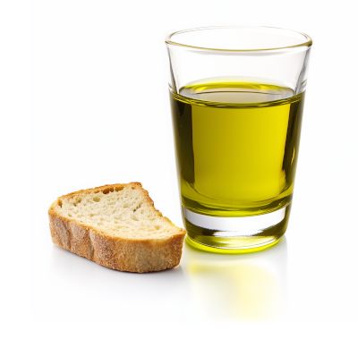 A glass of olive oil next to a piece of bread